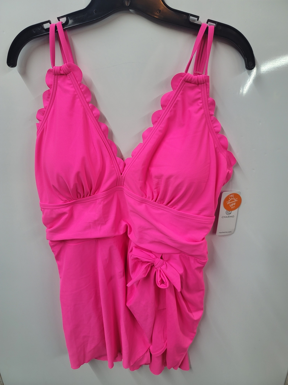 Scallop-Edge Bright Pink One-Piece Swimdress with Waist Tie